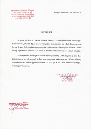 Dokument z referencją od Spółdzielczej Agrofirmy WITKOWO.
